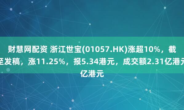 财慧网配资 浙江世宝(01057.HK)涨超10%，截至发稿，涨11.25%，报5.34港元，成交额2.31亿港元